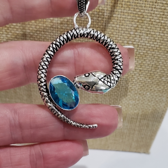 Handmade Blue Topaz 925 Snake, Punk, Gothic Pendant Necklace - Picture 4 of 12
